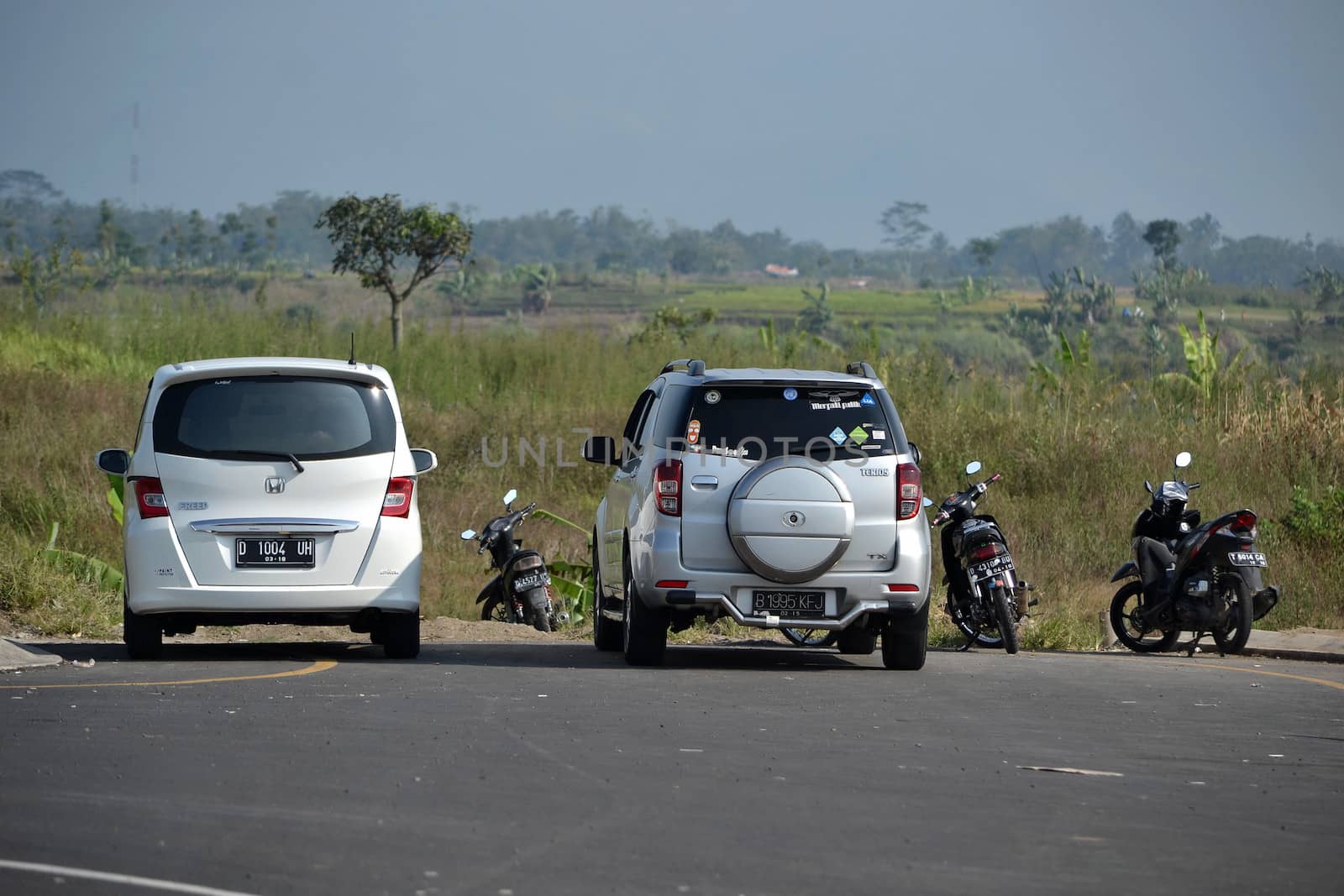 Bandung, Indonesia - August 1, 2014: White colored Honda Freed and silver colored Daihatsu Terios parked beside road.