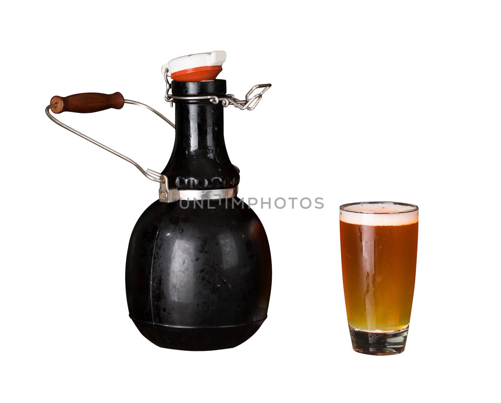 Cutout of a large 64 fluid ounce four pint growler bottle with a glass of cold beer or ale. Used by microbreweries to serve beer for home consumption