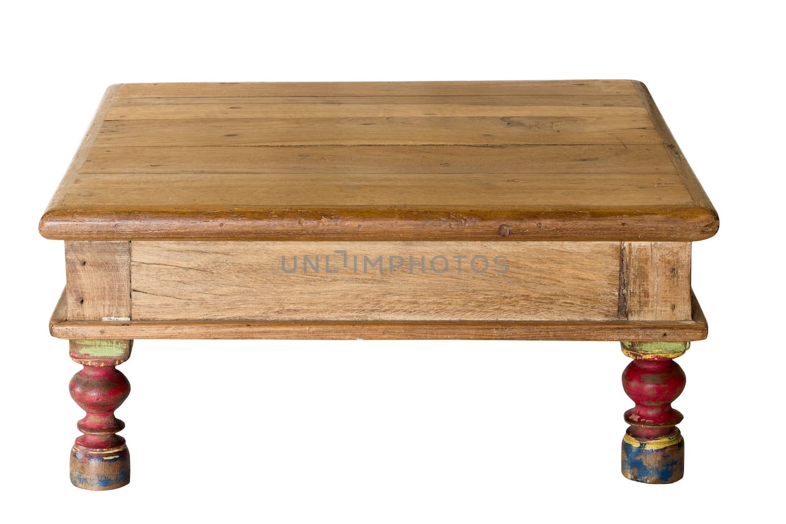Old wooden table or stool made by carpenter and polished. Isolated and cutout with path from white background