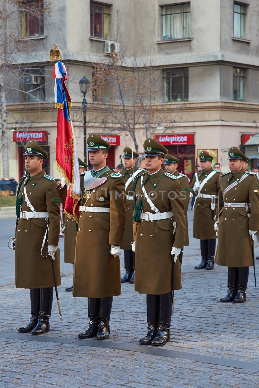 Members of the Carabineros parading as part of the changing of the guard ceremony at La Moneda in Santiago, Chile