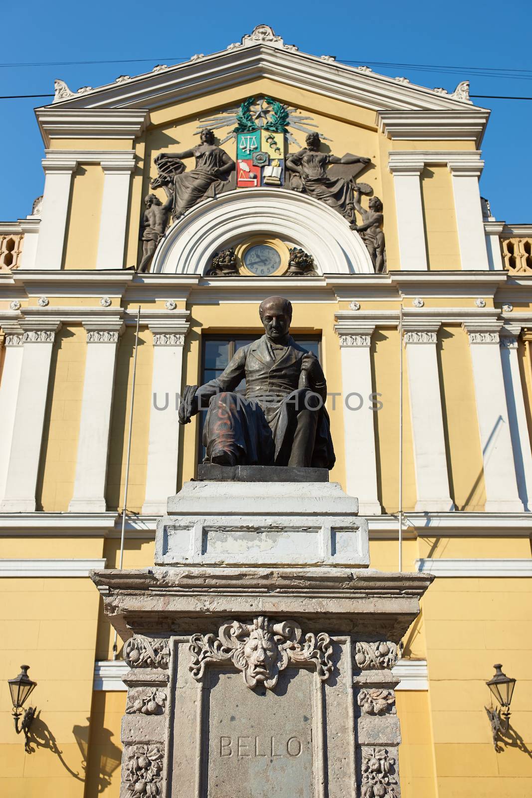 Ornate yellow facade of the University of Chile in Santiago, Chile