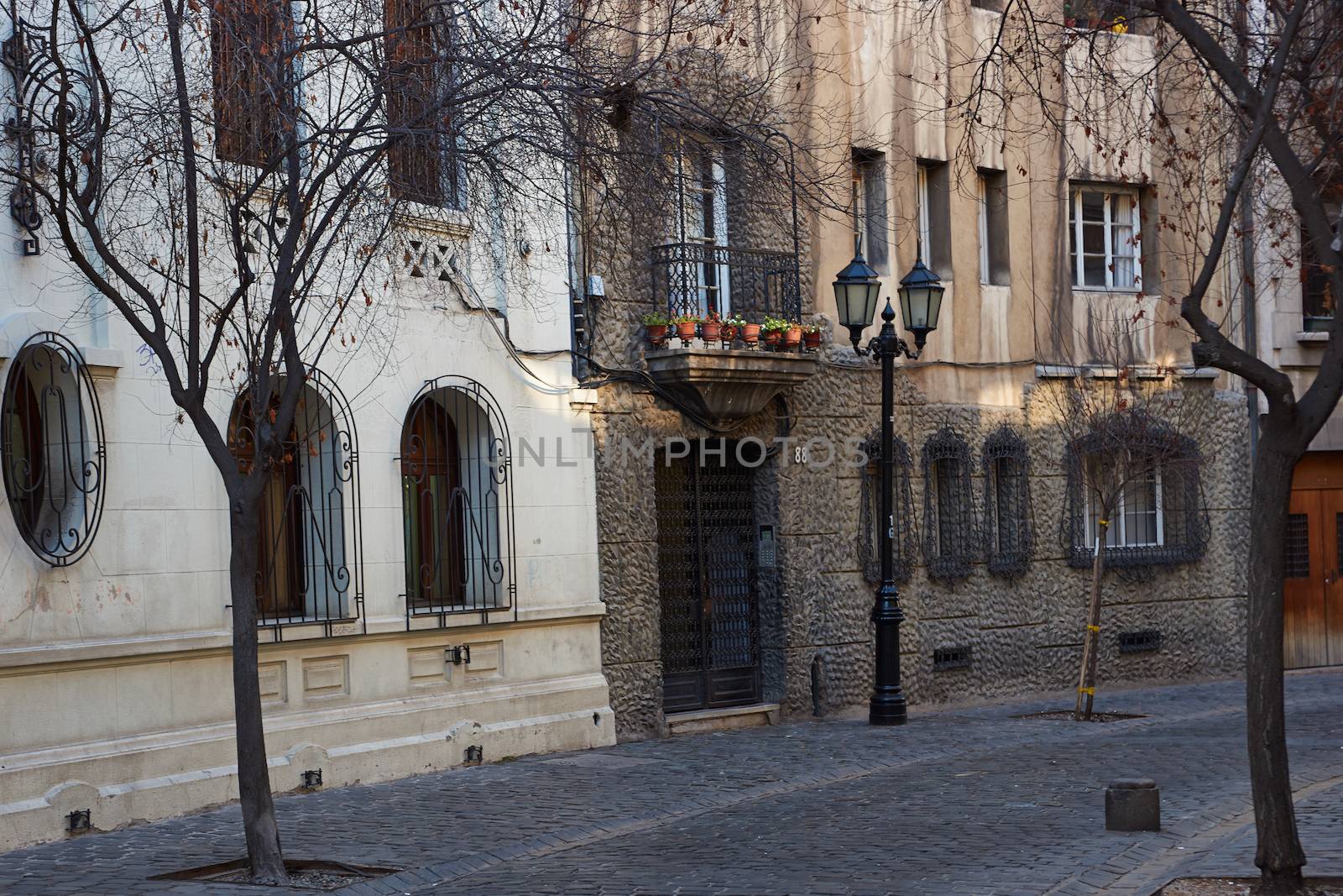 Historic buildings lining the cobbled streets of Barrio Londres in Santiago, Chile