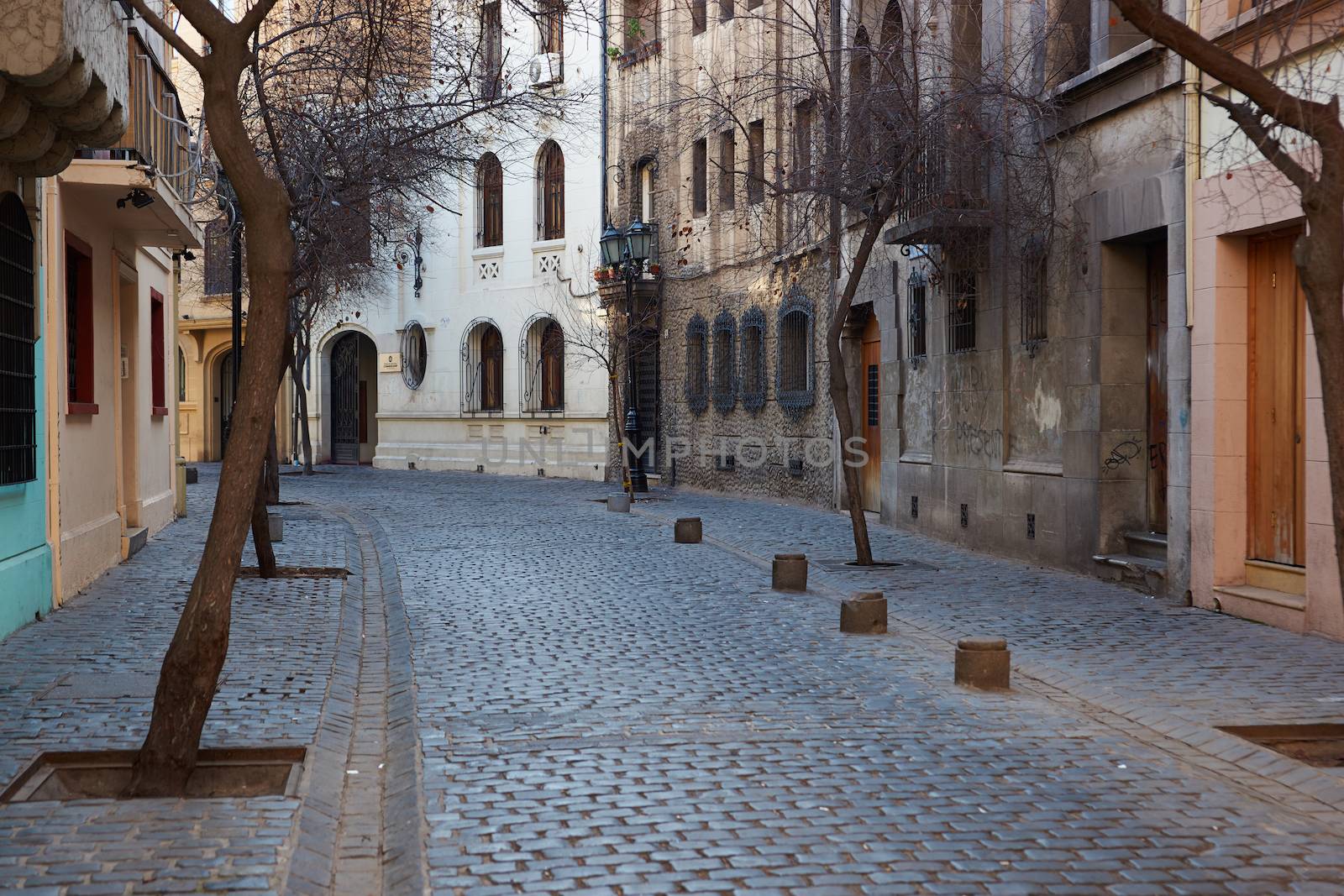 Historic buildings lining the cobbled streets of Barrio Londres in Santiago, Chile