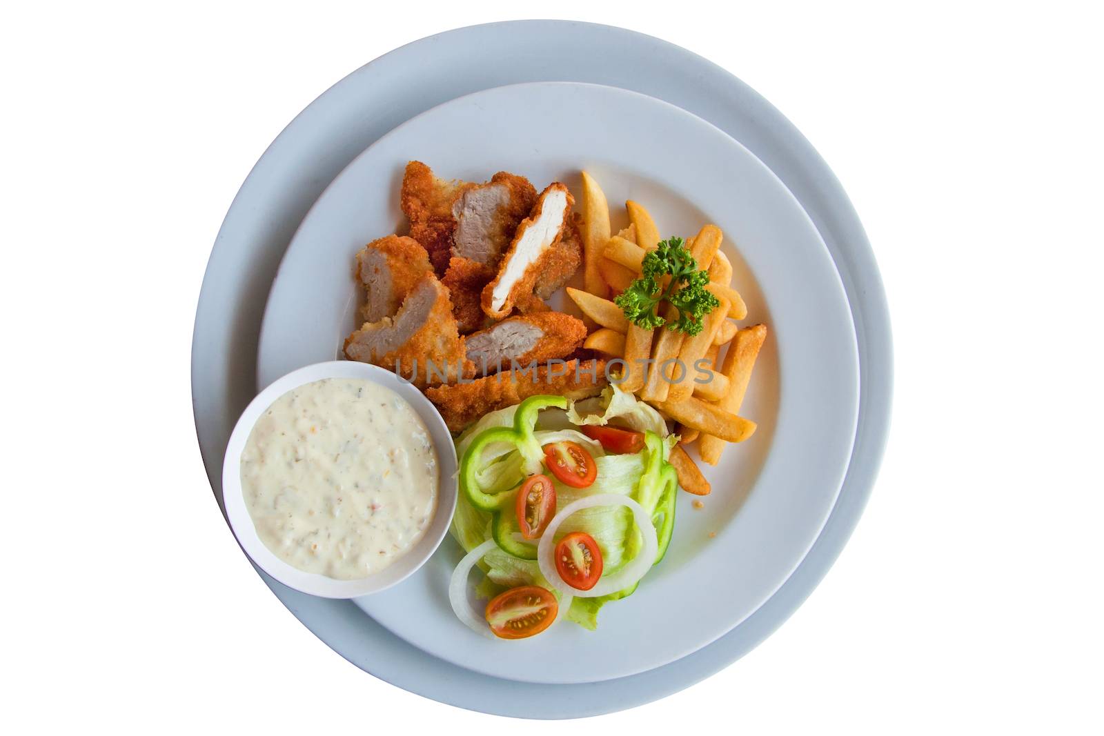 Chicken strips and fries combo on white background by nopparats