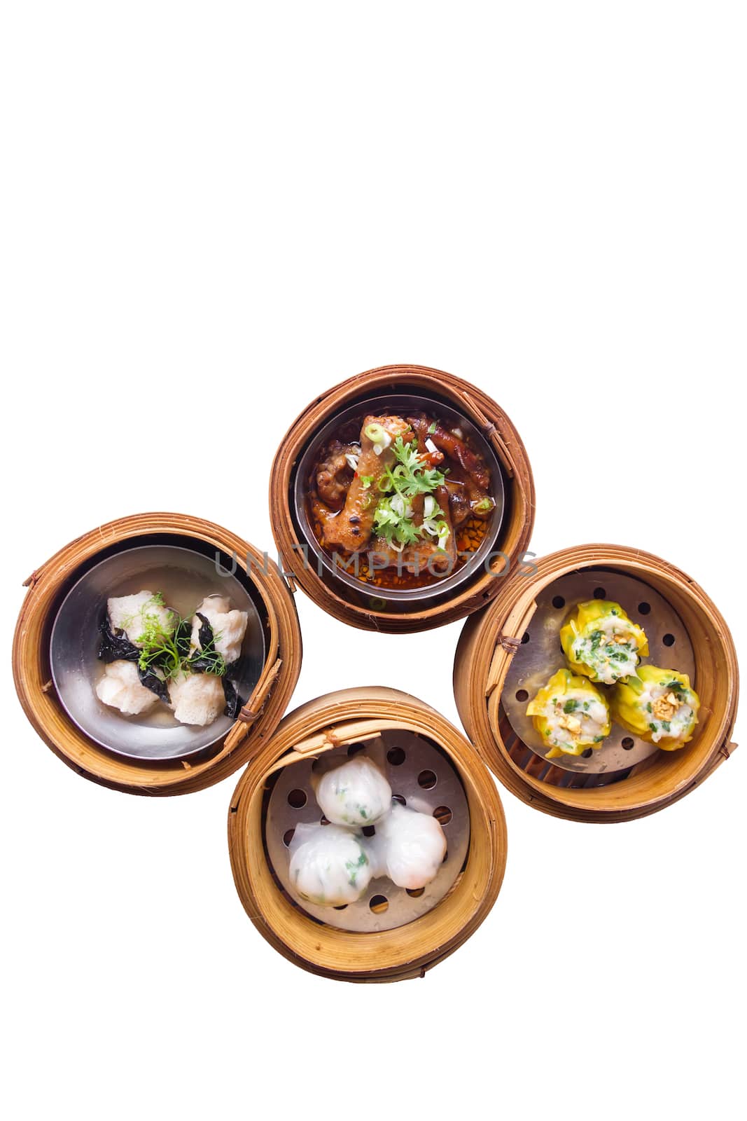 Various Dim Sum in Bamboo Steamed Bowl isolated white background