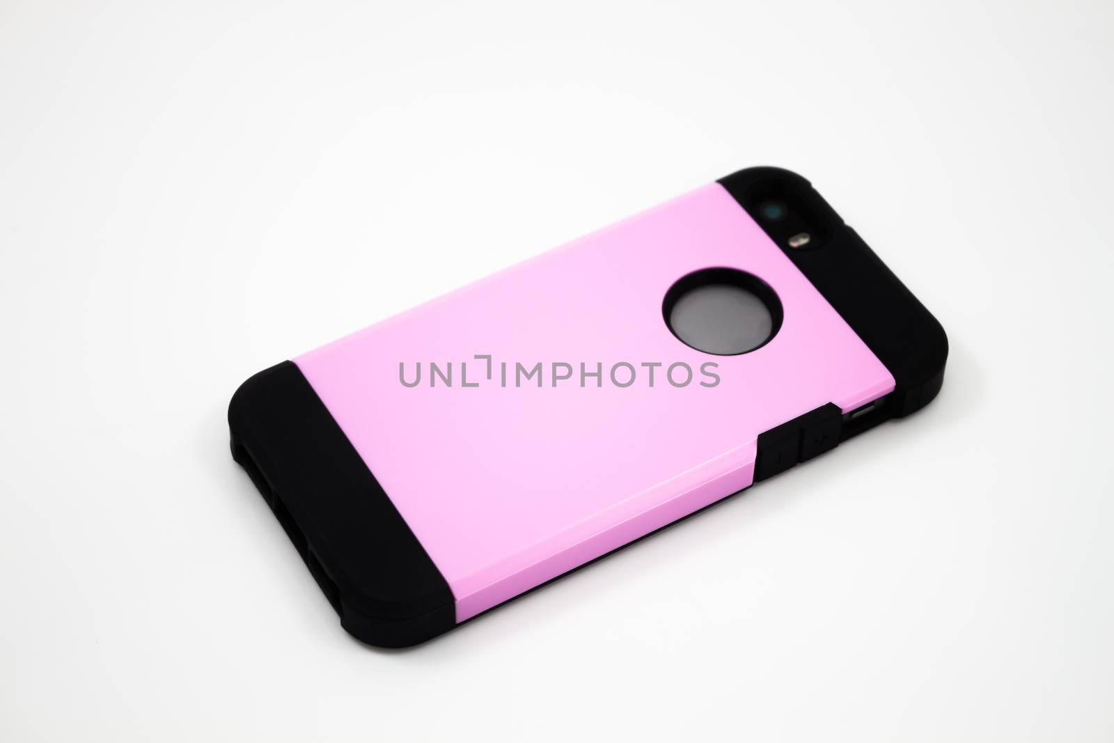 Smartphone with pink case isolated on white background, stock photo