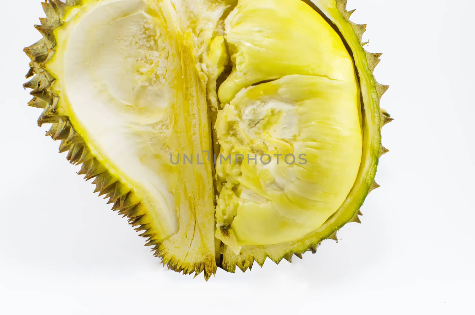 Close up of peeled durian isolated on white background by nopparats