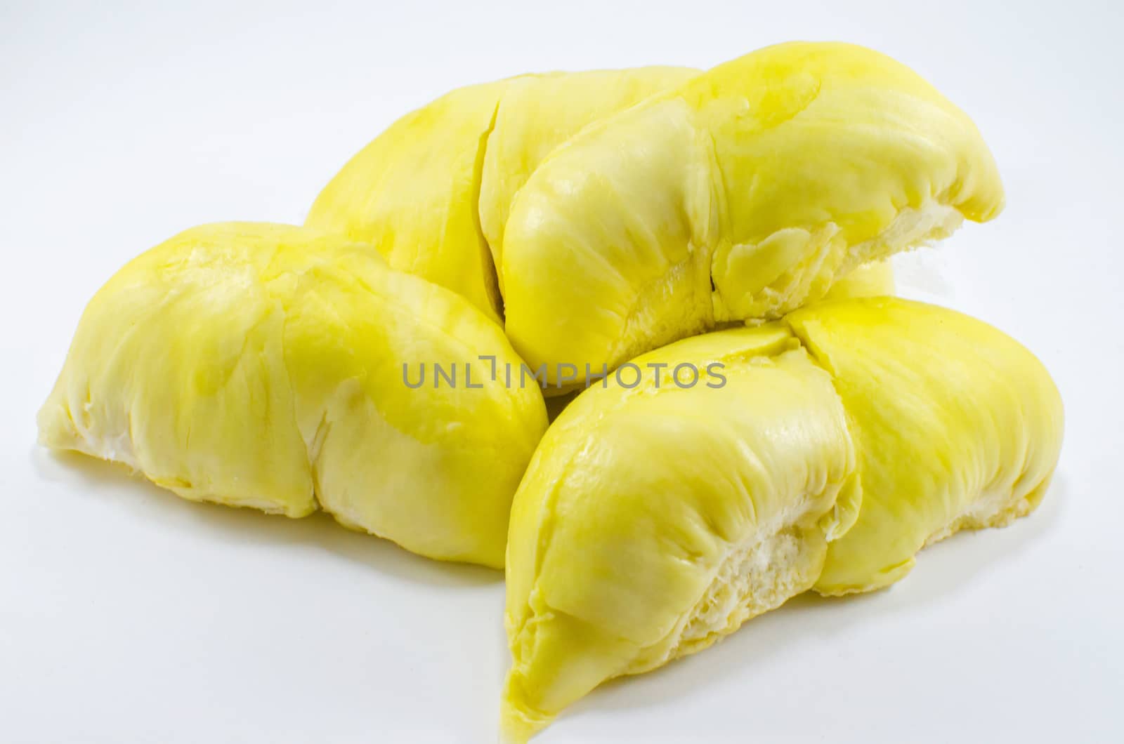 Close up of peeled durian isolated on white background.