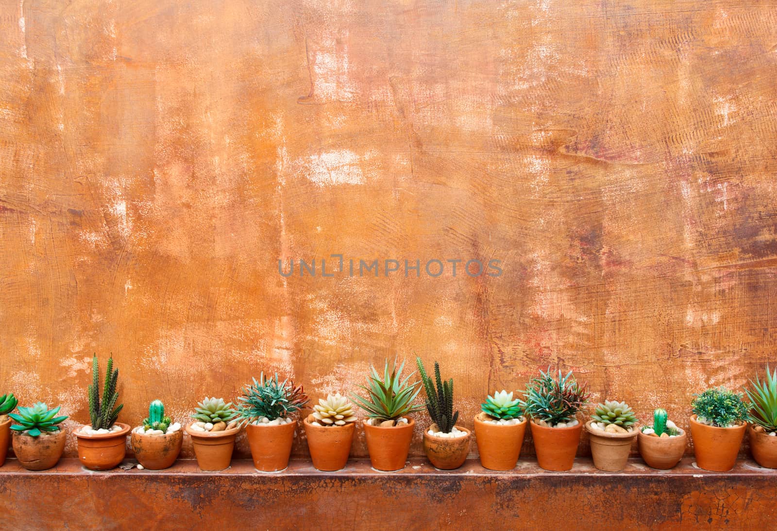 Grunge orange wall background with flowerpot by vitawin