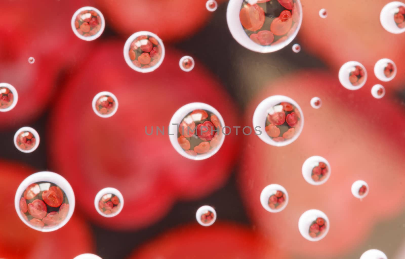 Red Candy Hearts in Water Drops