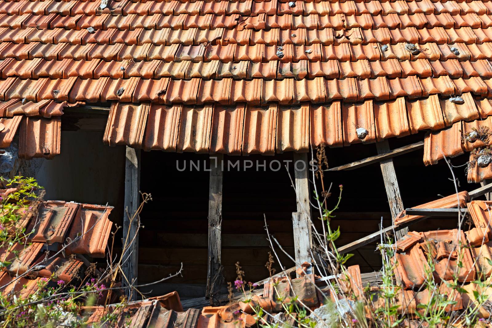 Detail of a damaged and abandoned roof with broken tiles and beams