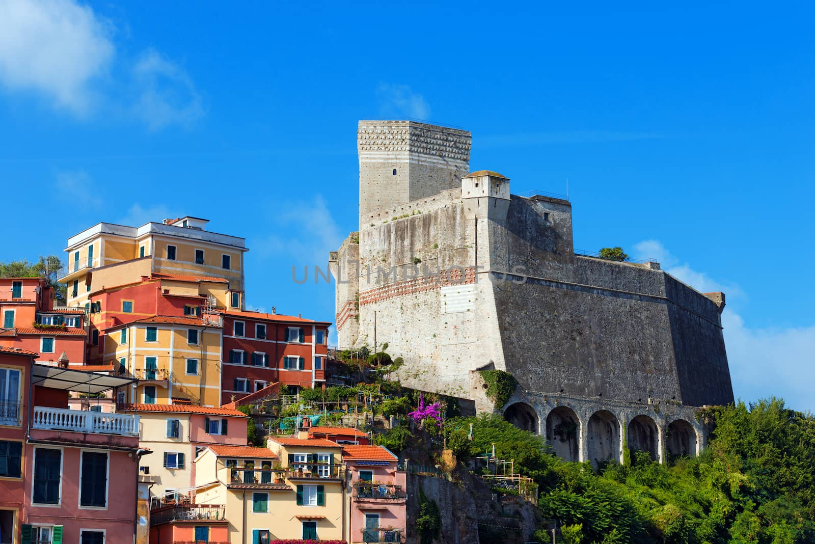 Lerici Castle (1155) and tower houses. Lerici typical seaside town in Liguria, La Spezia - Italy