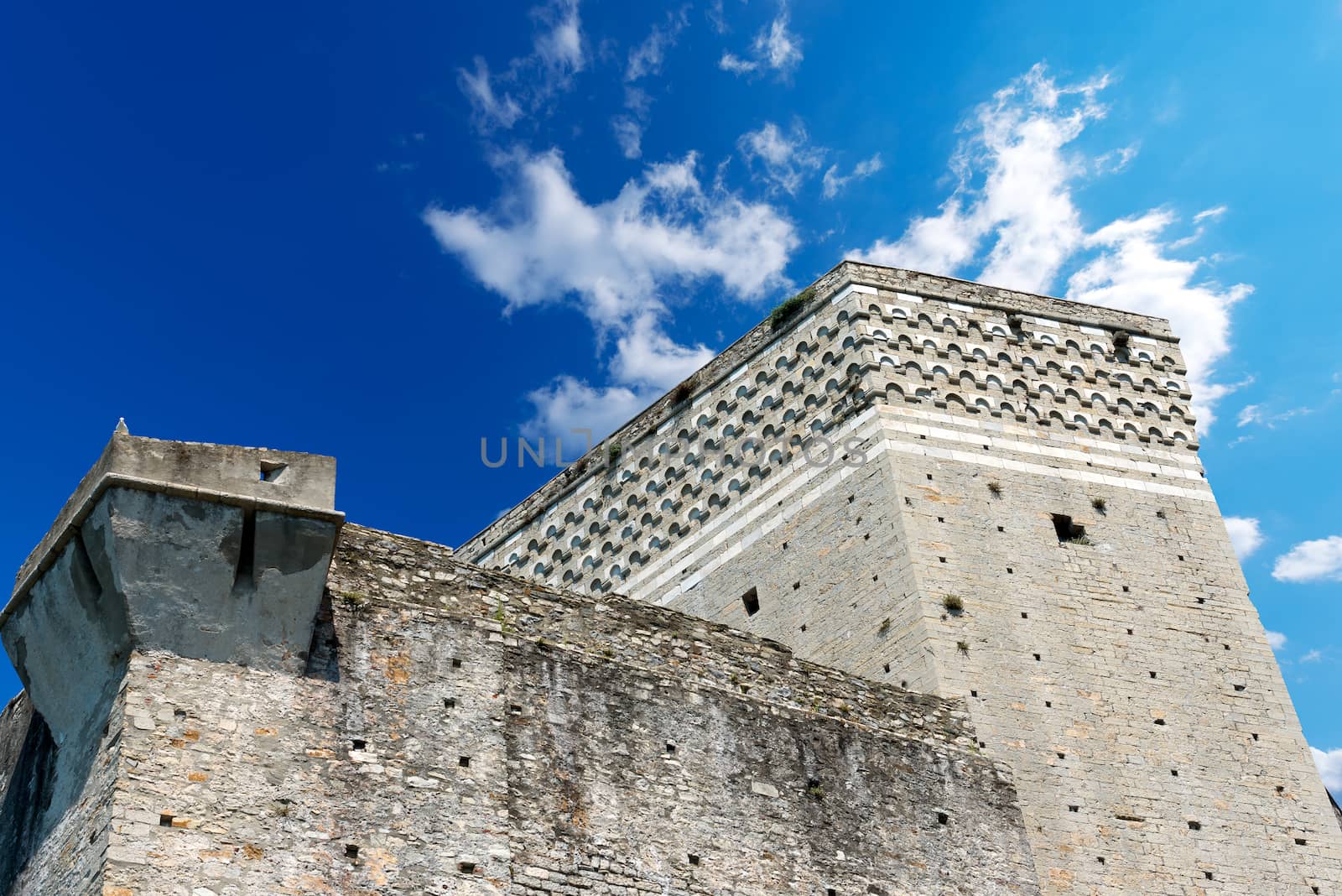 Detail of the old walls of Lerici Castle (1155). Lerici typical seaside town in Liguria, La Spezia - Italy