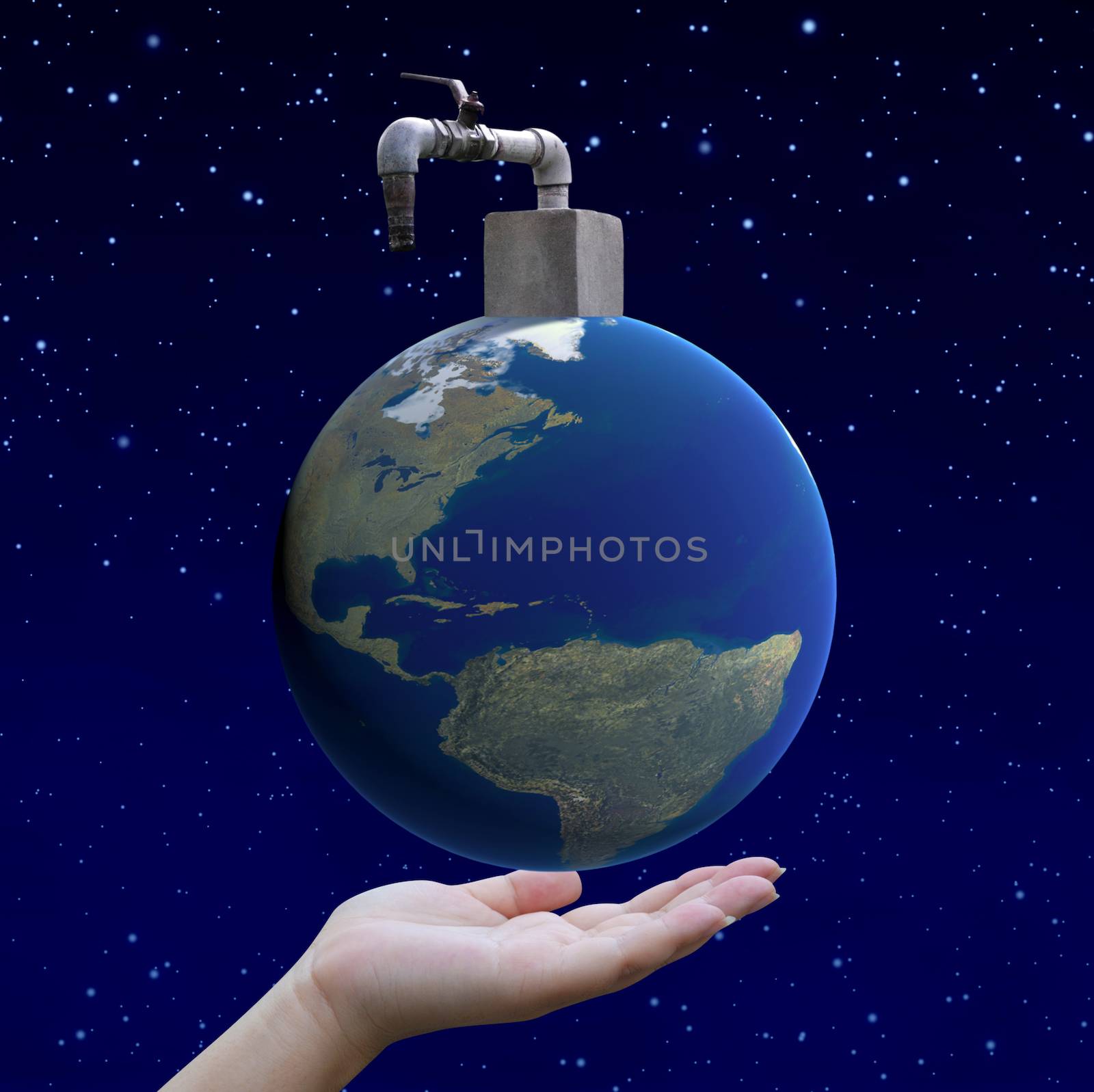 hand holding arid world with faucet, earth globe image provided by NASA