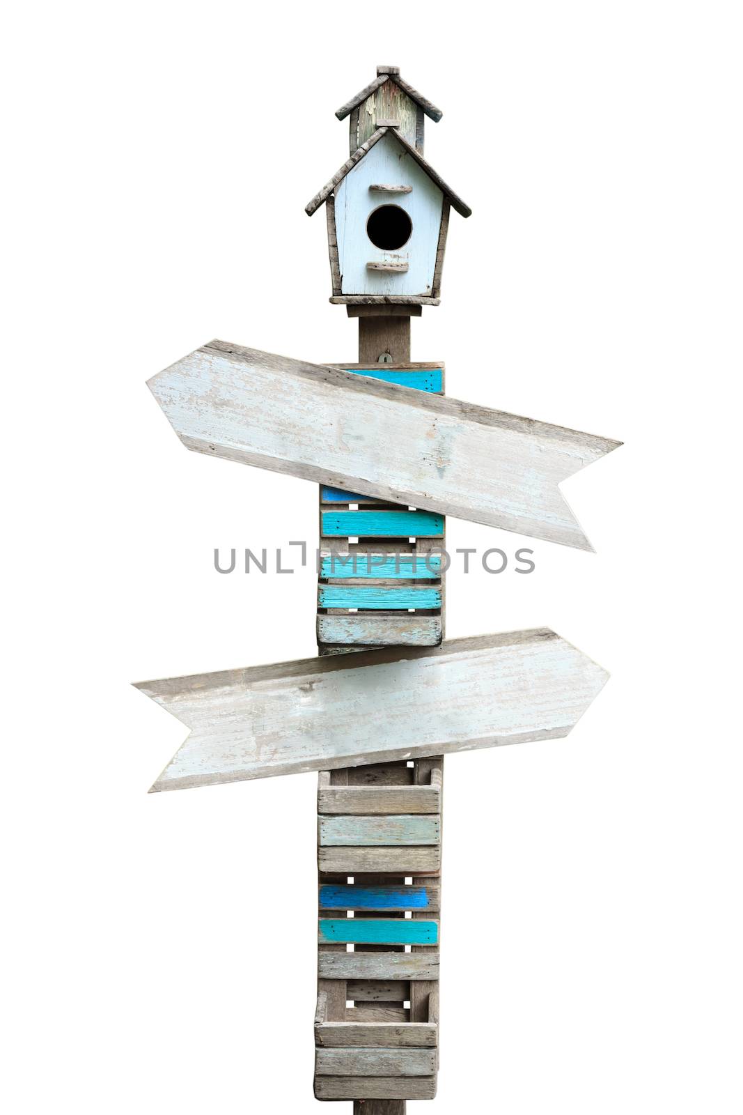 wooden arrow sign with birdhouse isolated on white background