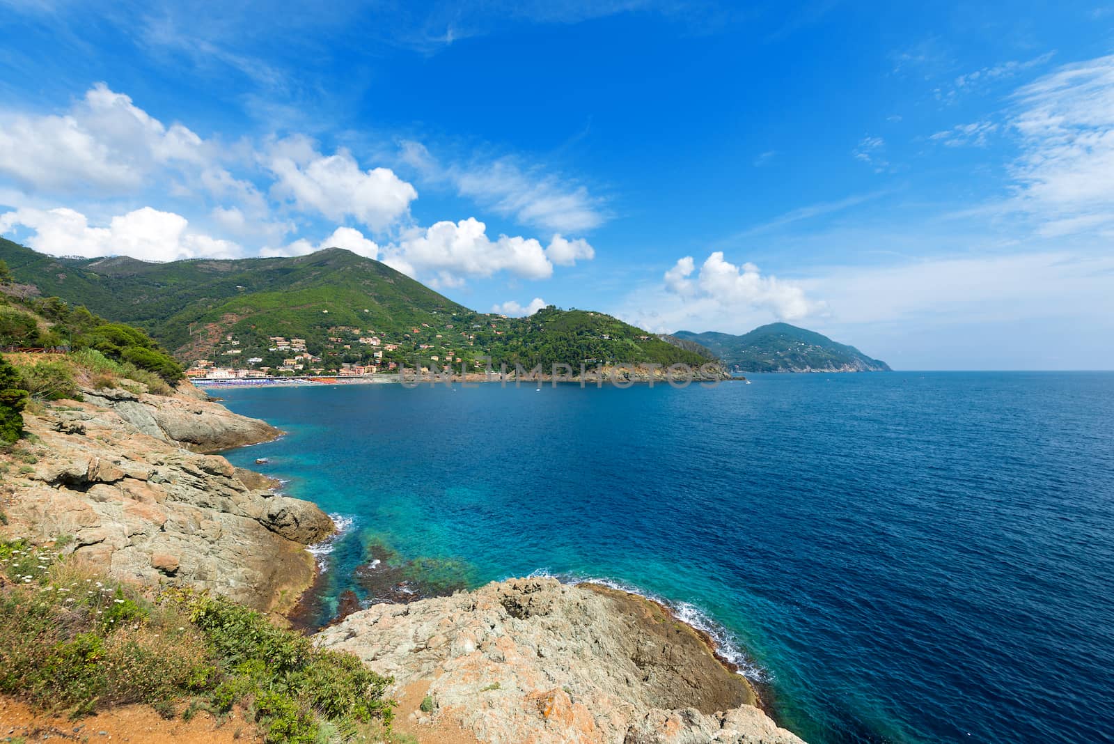 Panoramic view of sea at Bonassola, ancient village in Ligurian coast in the east, La Spezia, Italy