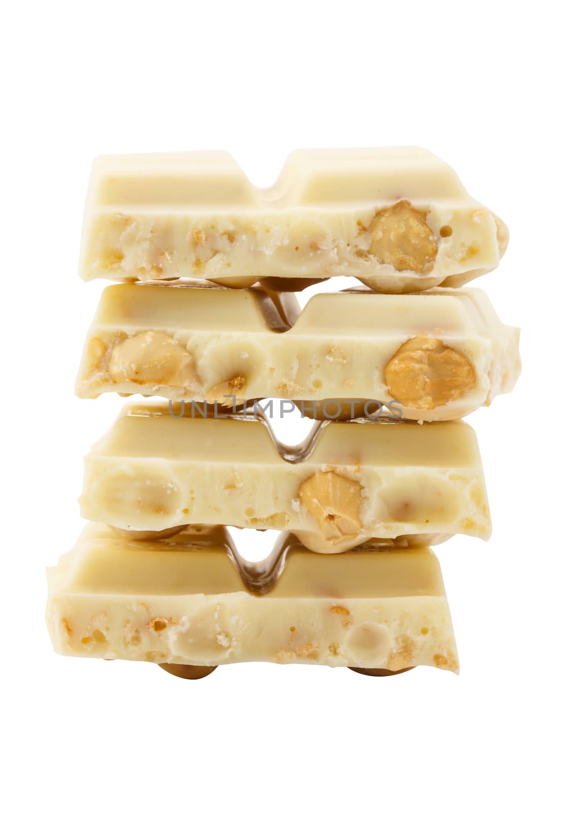 stack of white chocolate with nut isolated on white background