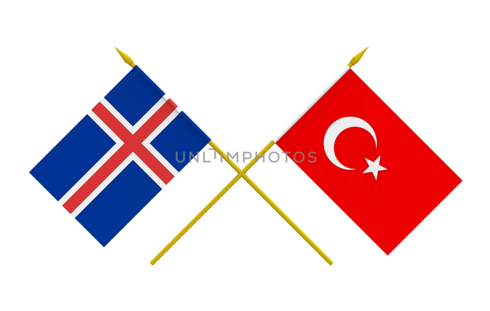 Flags of Iceland and Turkey, 3d render, isolated on white