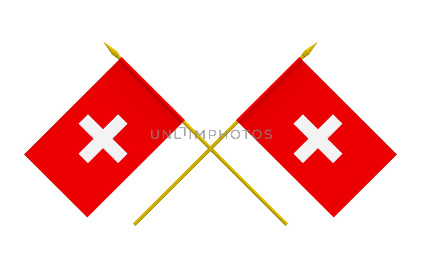 Two crossed flags of Switzerland, 3d render, isolated on white