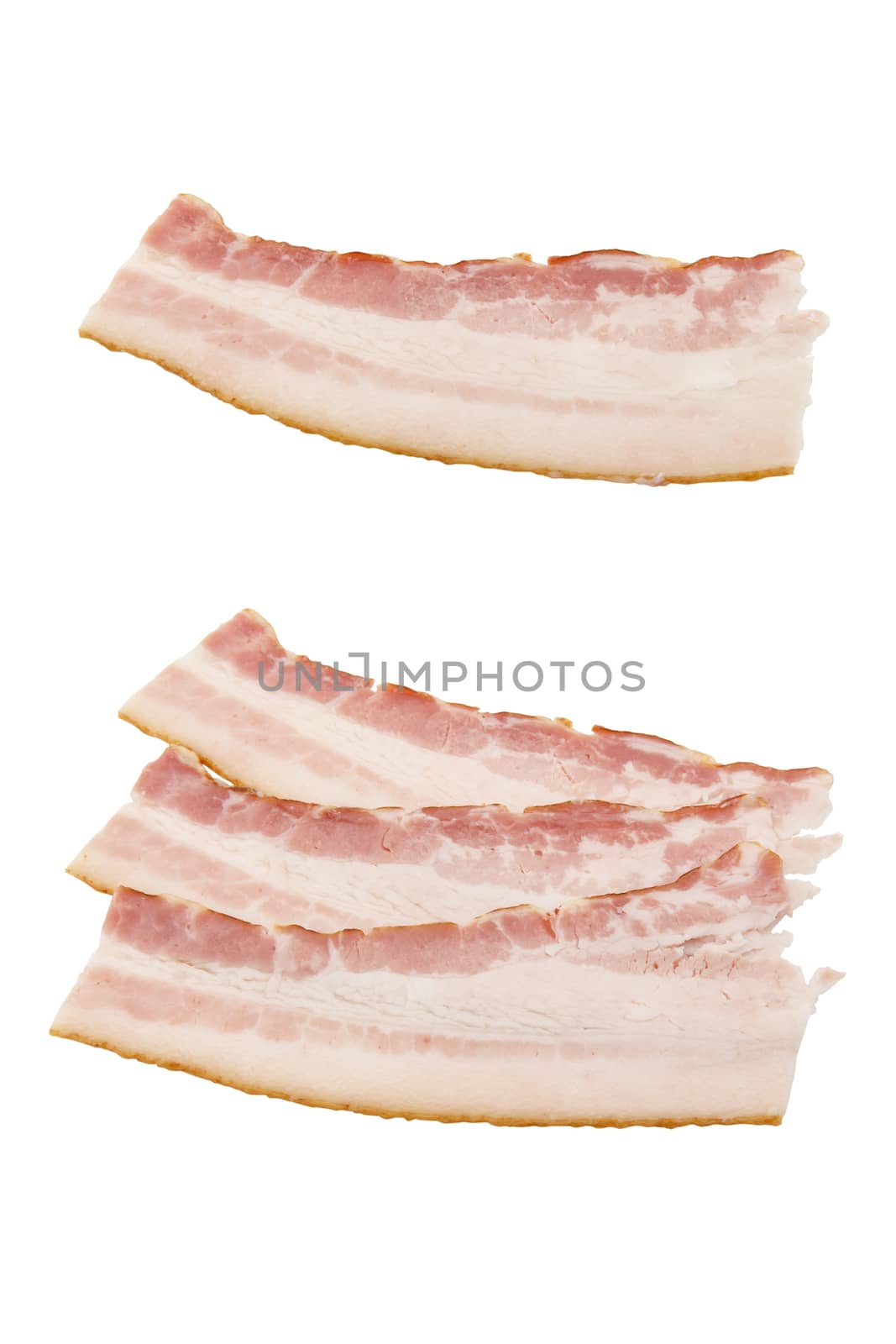 Set raw bacon isolated on white background