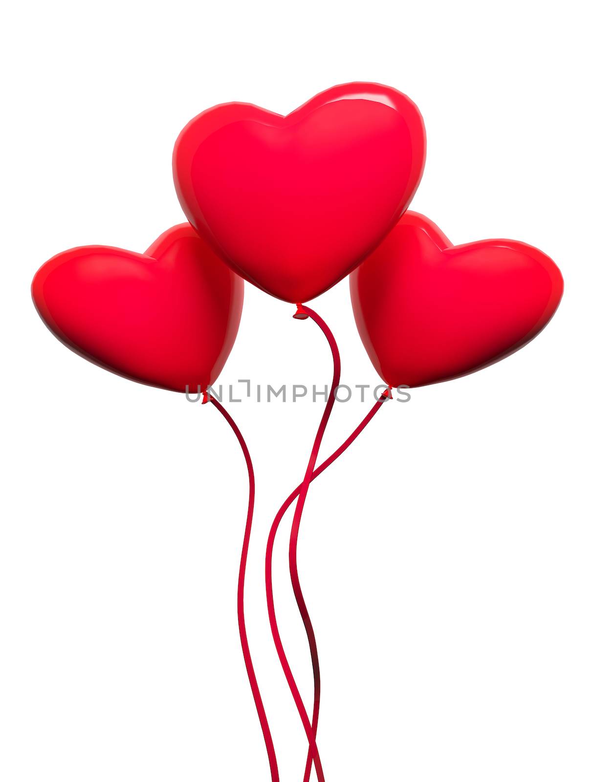 Three red hearts-balloons, isolated on white