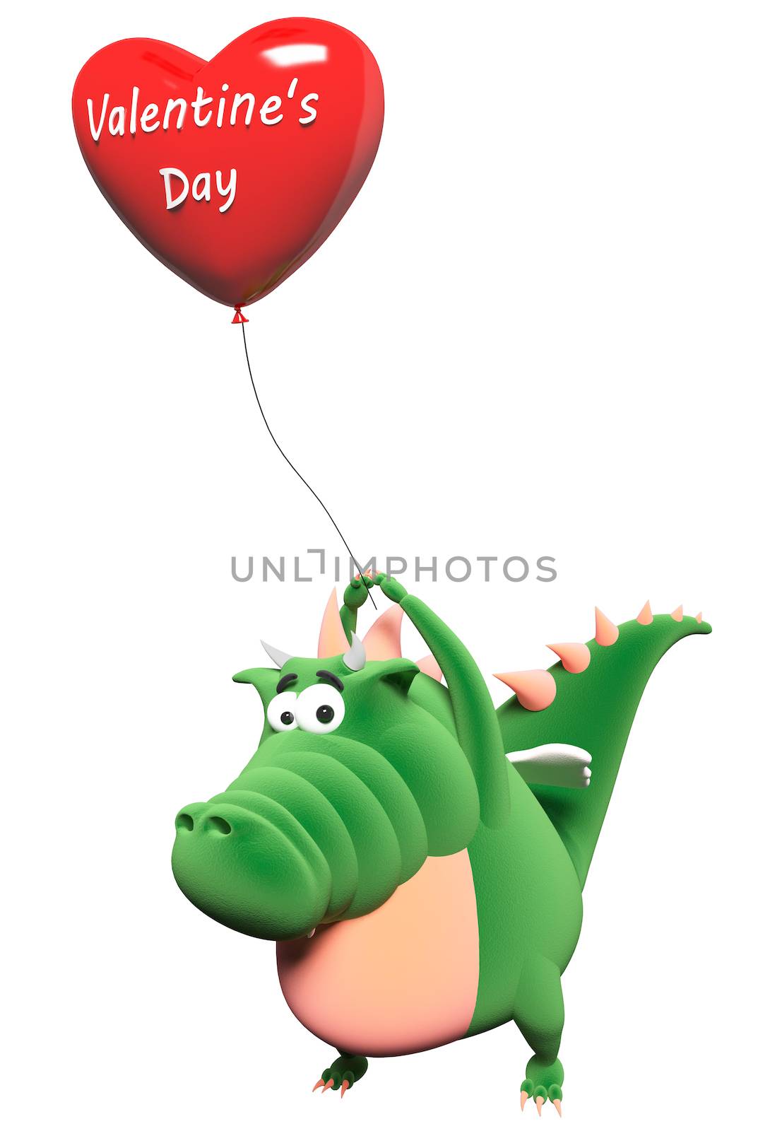 Green dragon and big red heart-balloon with text "Valentine's day", isolated on white backround