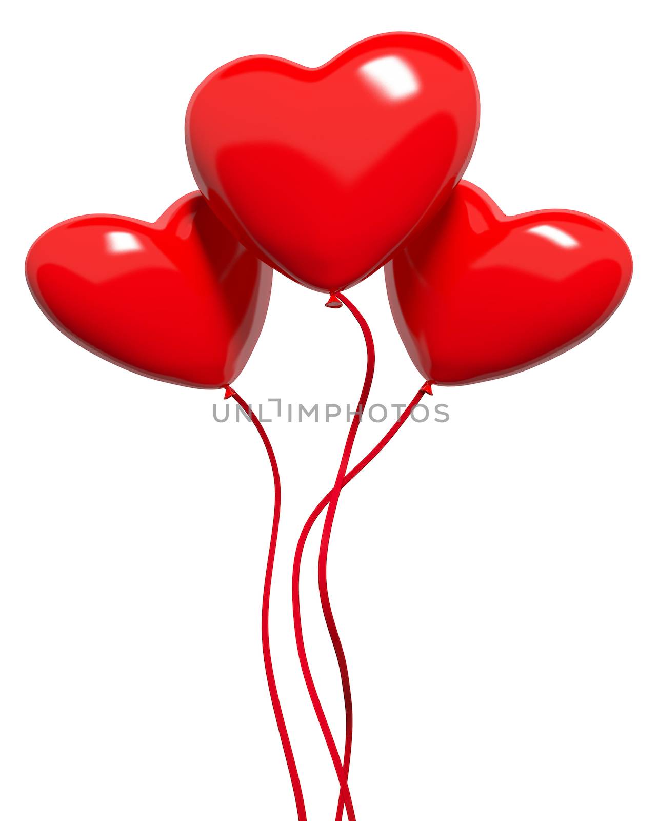 Three red hearts-balloons, isolated on white backround