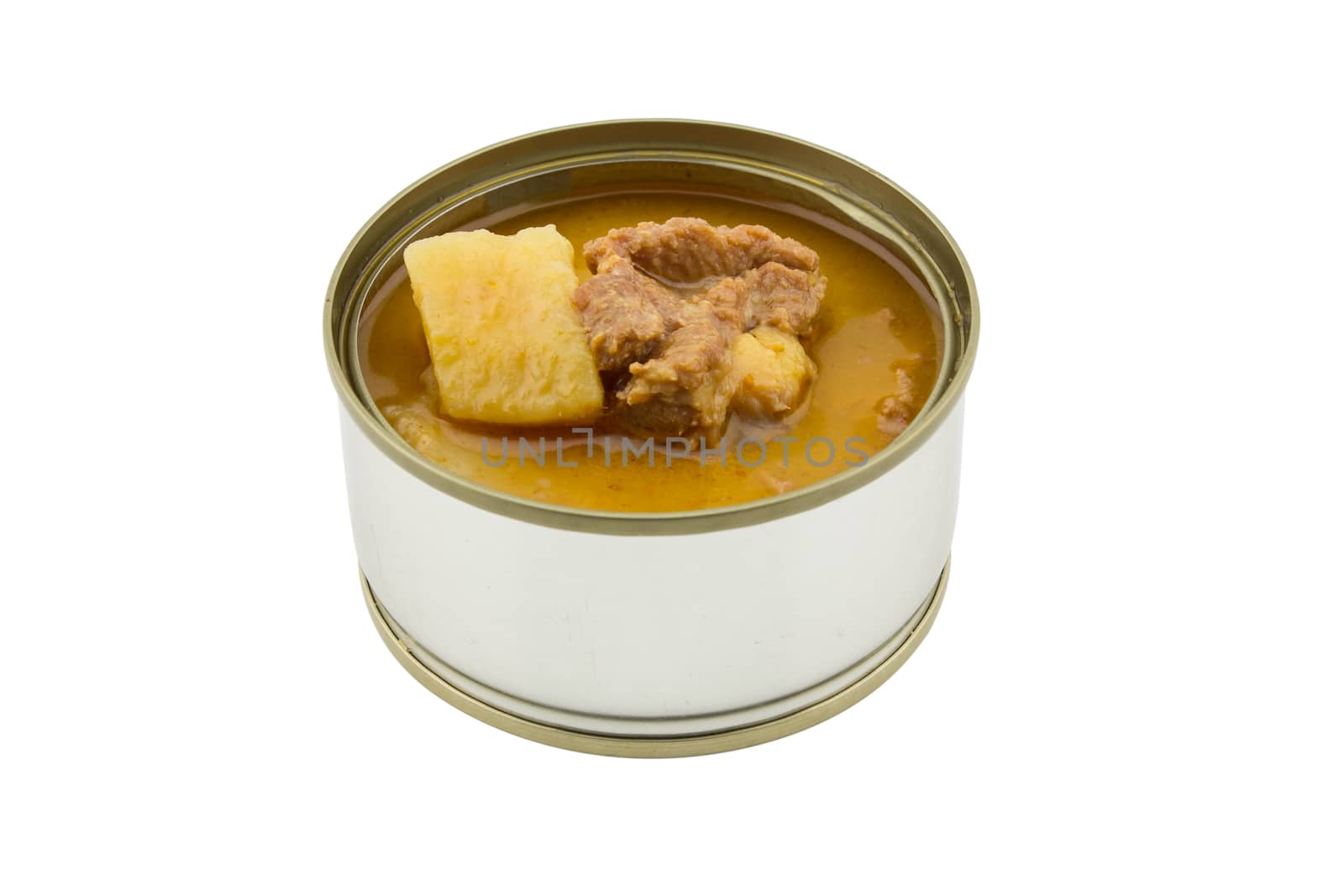 canned yellow curry chicken in tinned on white background by vitawin
