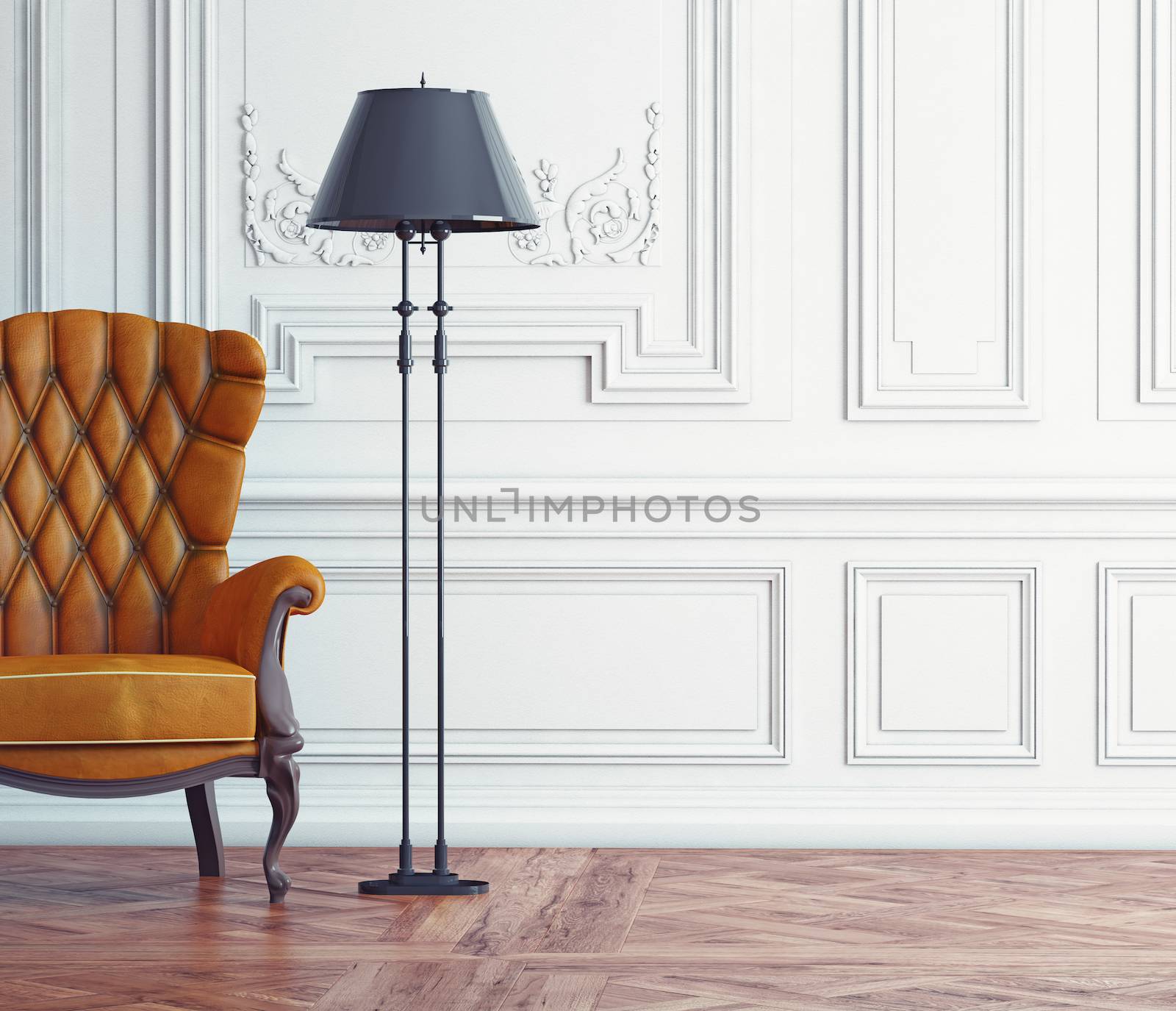 leather armchair in the classic interior. 3d concept