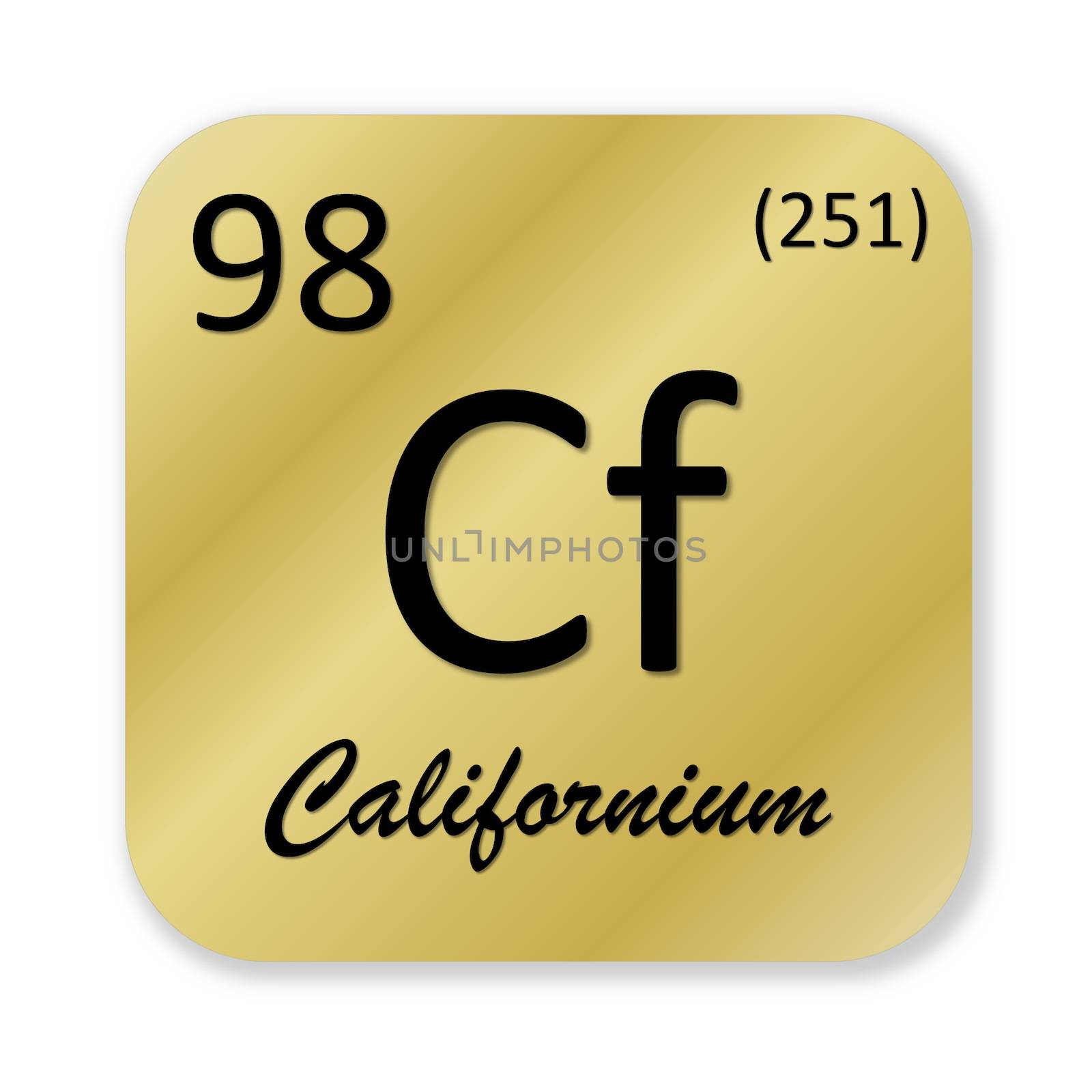 Black californium element into golden square shape isolated in white background