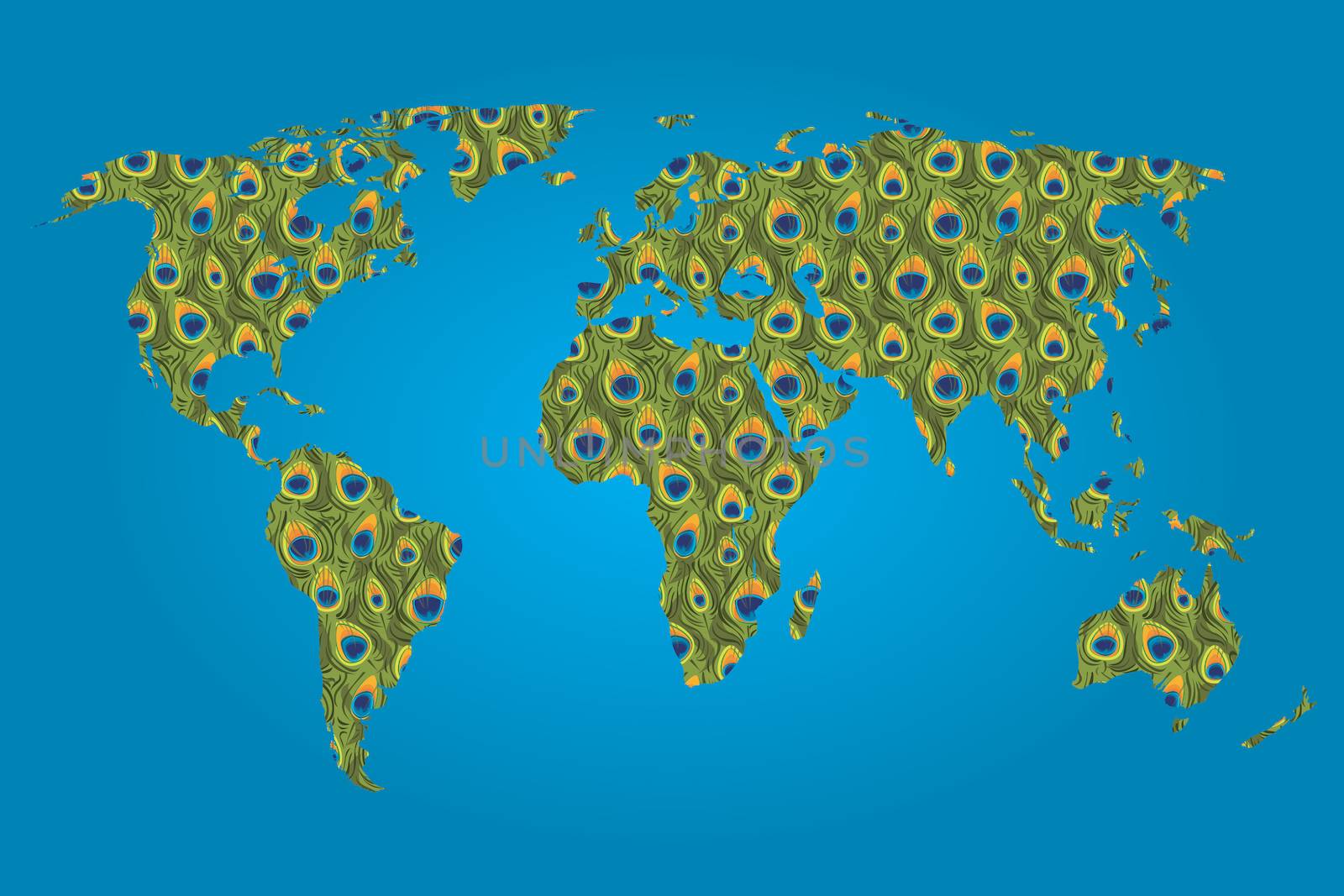 Map of the world filled with a Peacock pattern