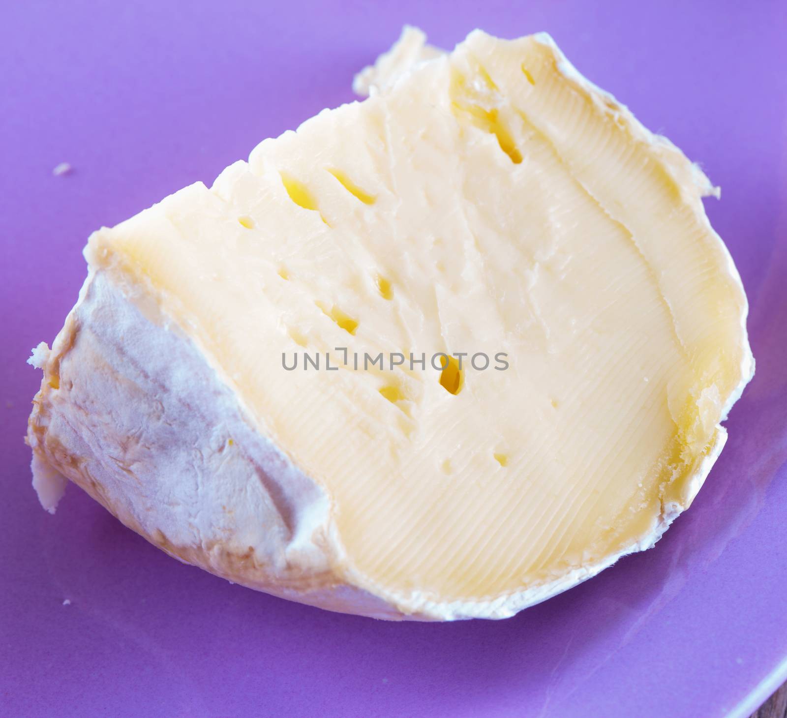 Brie cheese in close up over purple plate