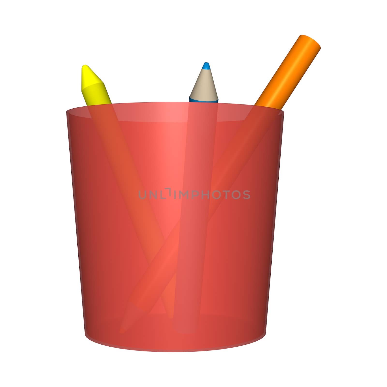 3D digital render of a red pencil jar with pencils isolated on white background