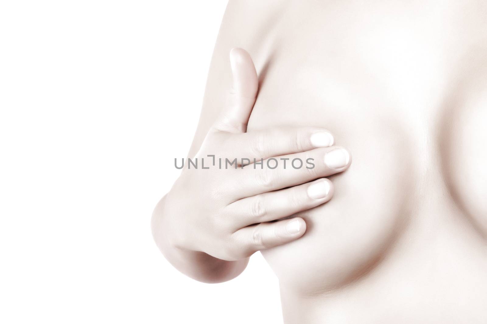 Beautiful young woman touching her breast isolated on white background. Sensual feminine beauty.
