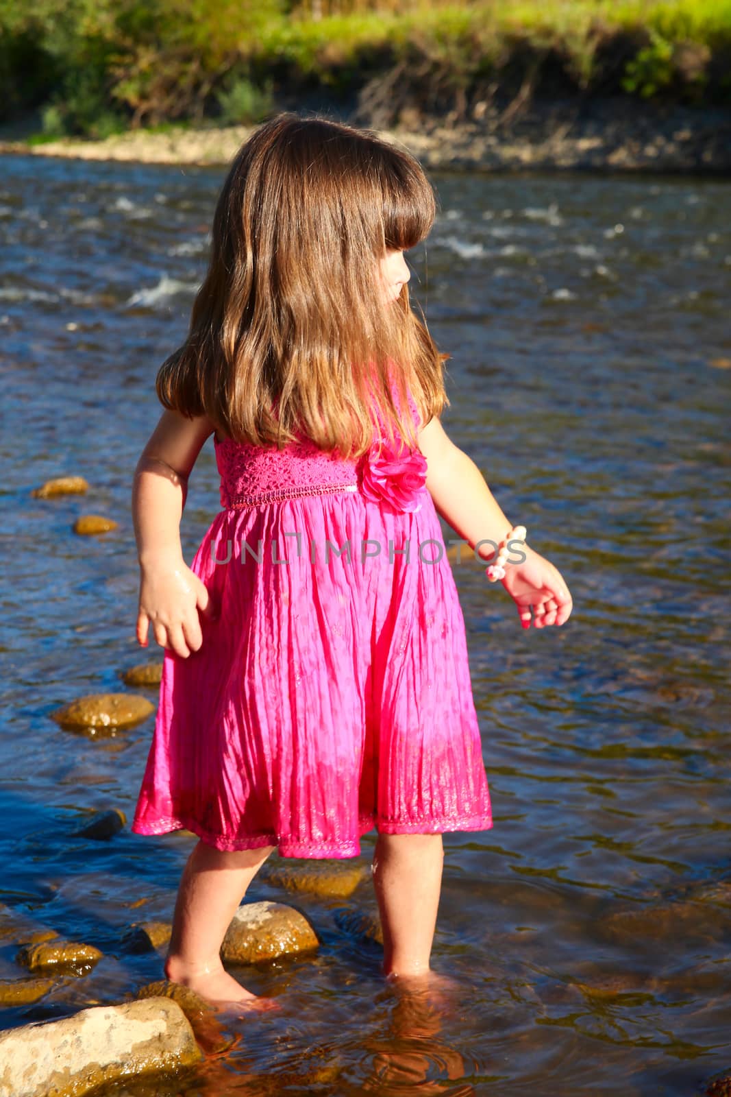 Little girl playing in a shallow stream of water