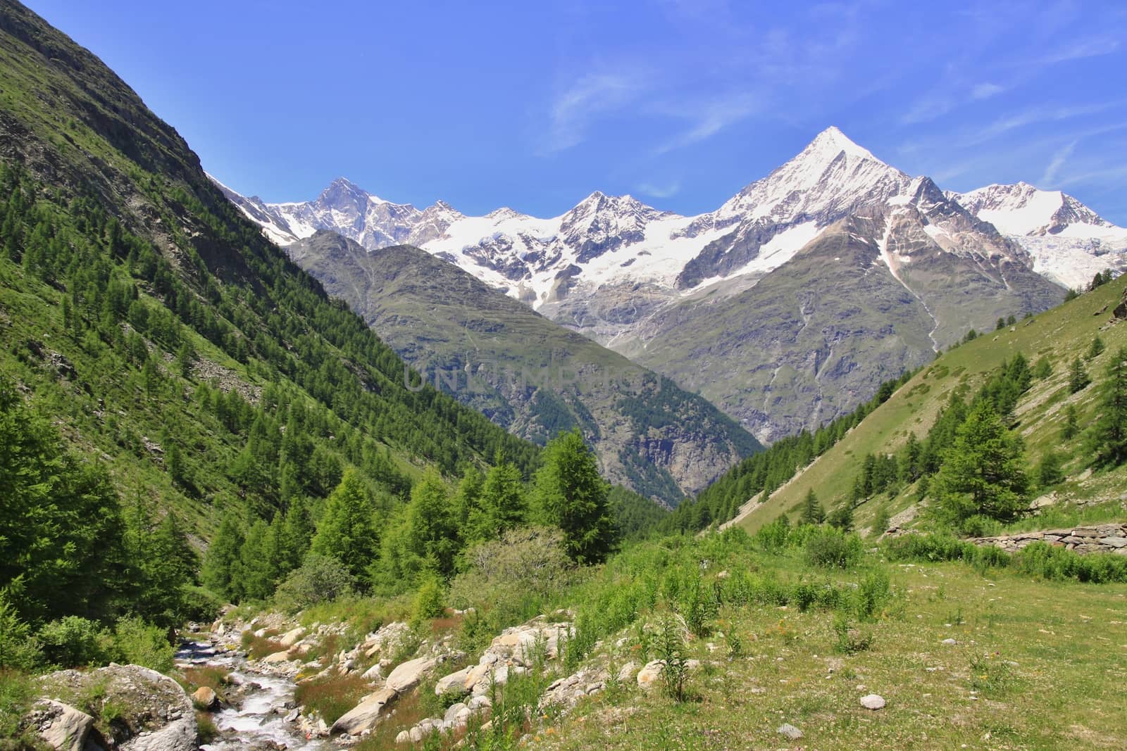 Amazing view of touristi trail near the Matterhorn in the Swiss Alps 