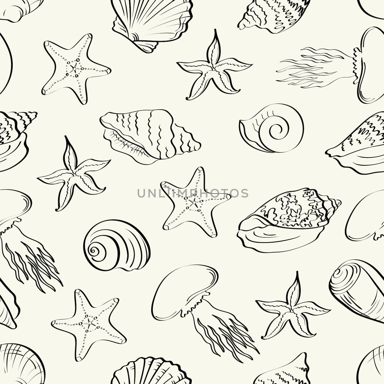 Seamless pattern, seashells, starfish and jellyfish black contours isolated on white background.
