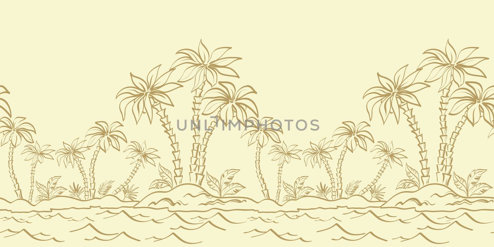 Seamless horizontal background, tropical landscape, Sea Island with palm trees and grass contours.