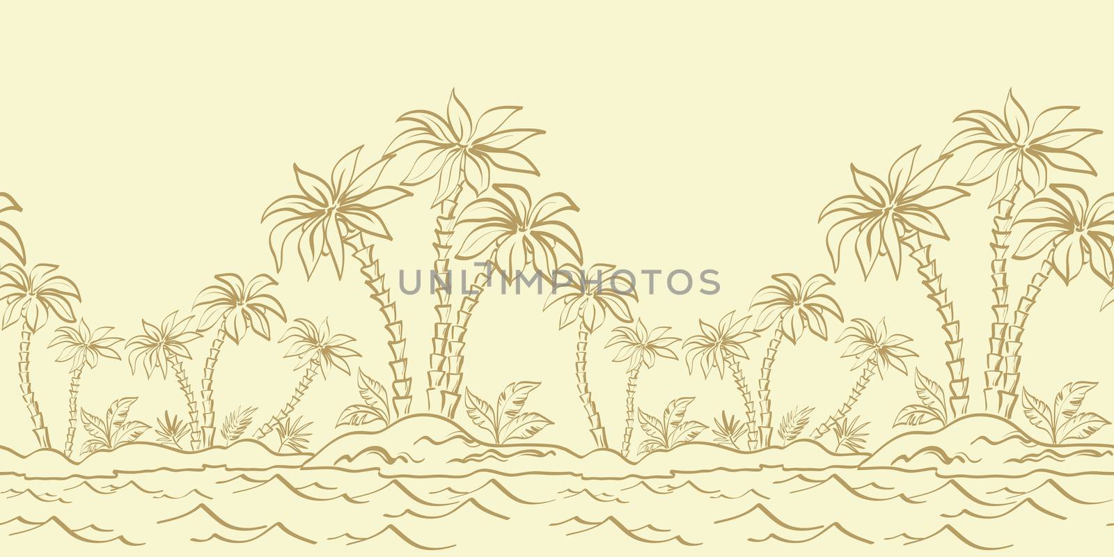 Seamless horizontal background, tropical landscape, Sea Island with palm trees and grass contours.