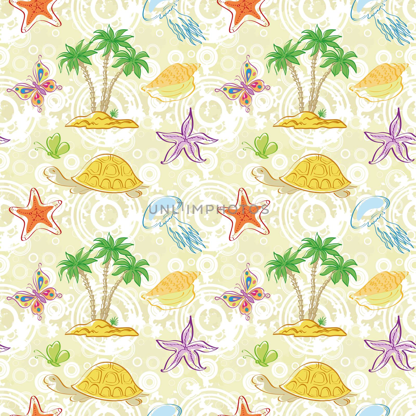 Seamless tropical background, Sea Island with palm trees, butterflies, shells, jellyfish, turtles and starfish.
