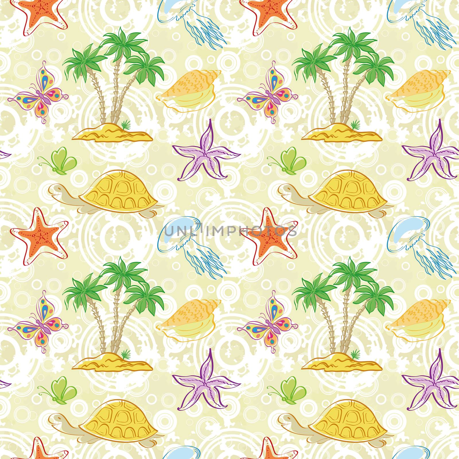 Seamless pattern, palm trees and sea animals by alexcoolok