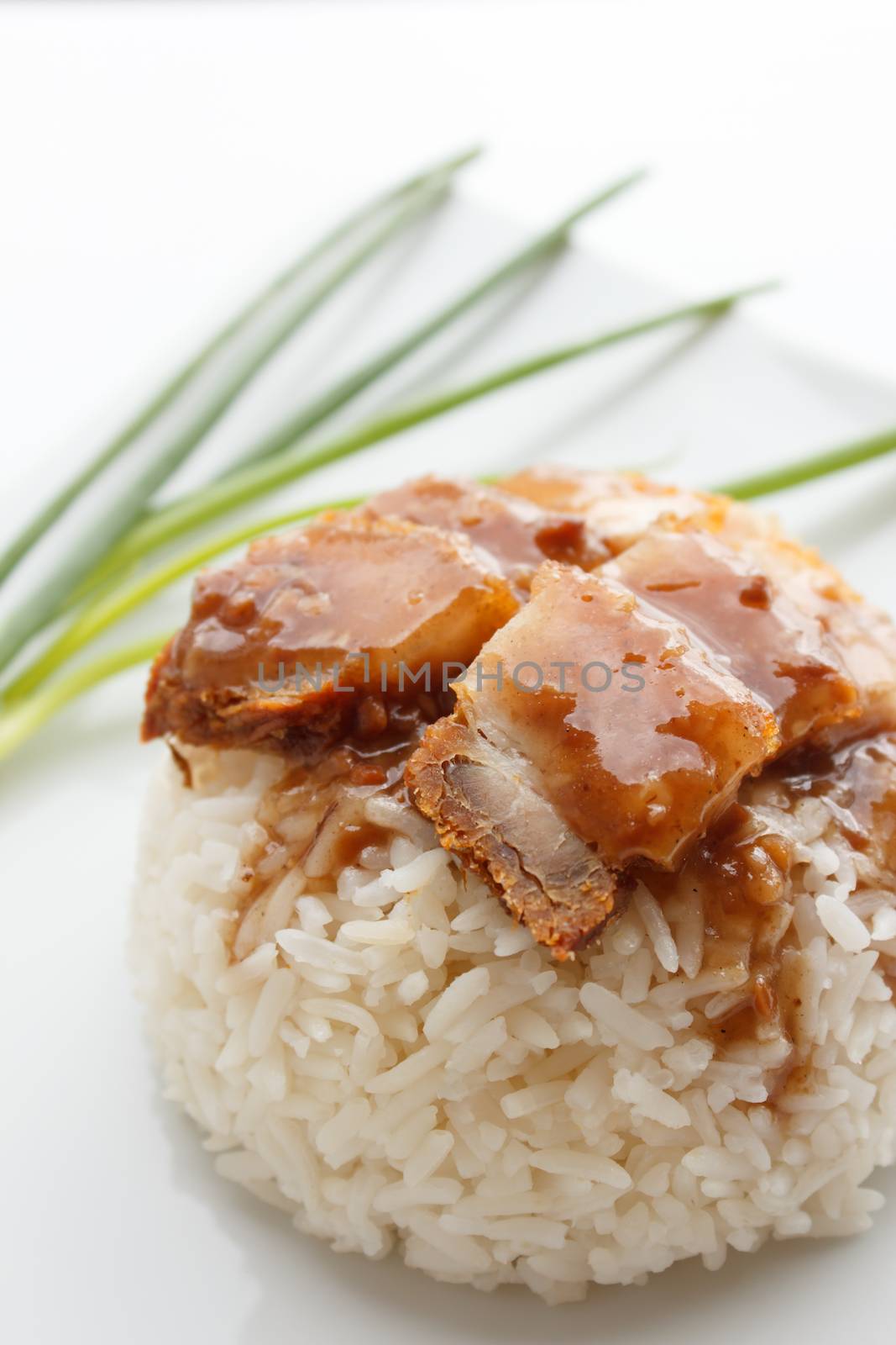 crispy pork with rice isolated on white background by vitawin