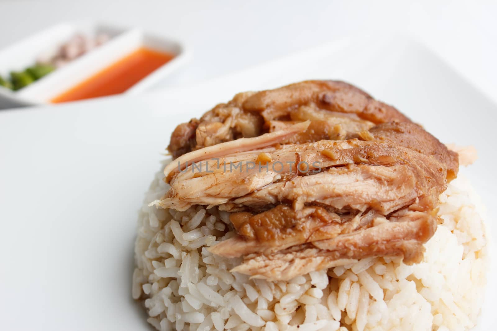 Pork leg with rice close up isolated on white background by vitawin