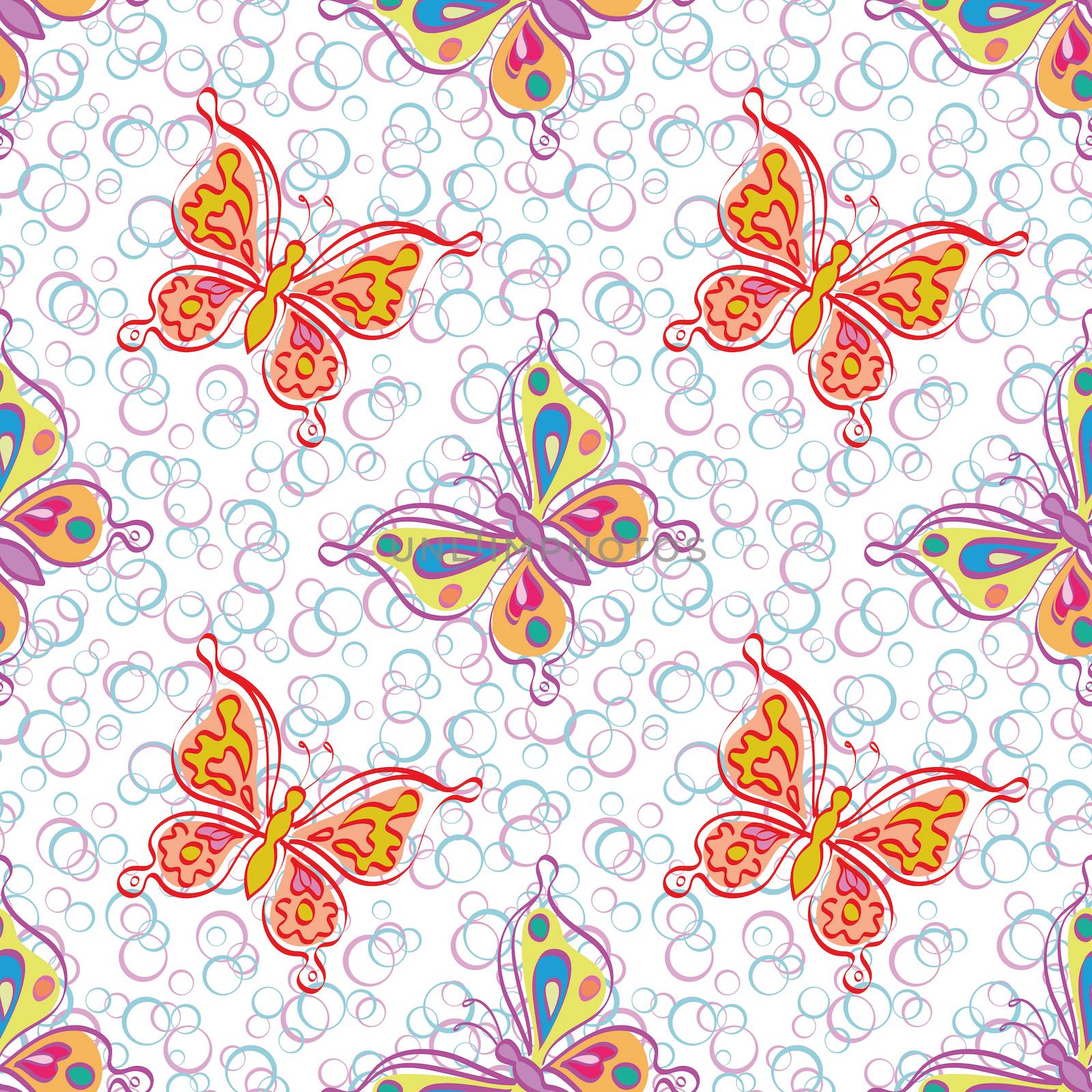 Seamless pattern, outline colorful butterflies on abstract background.