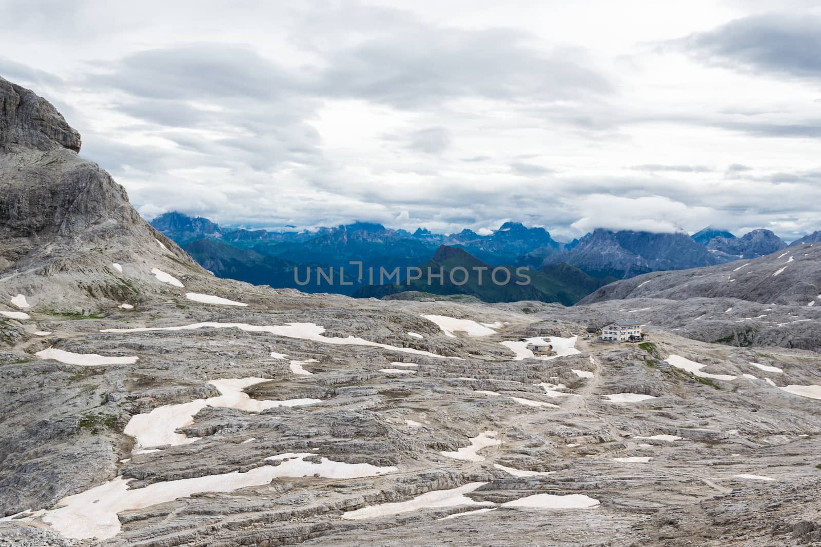 View of a snowfield in the Dolomites