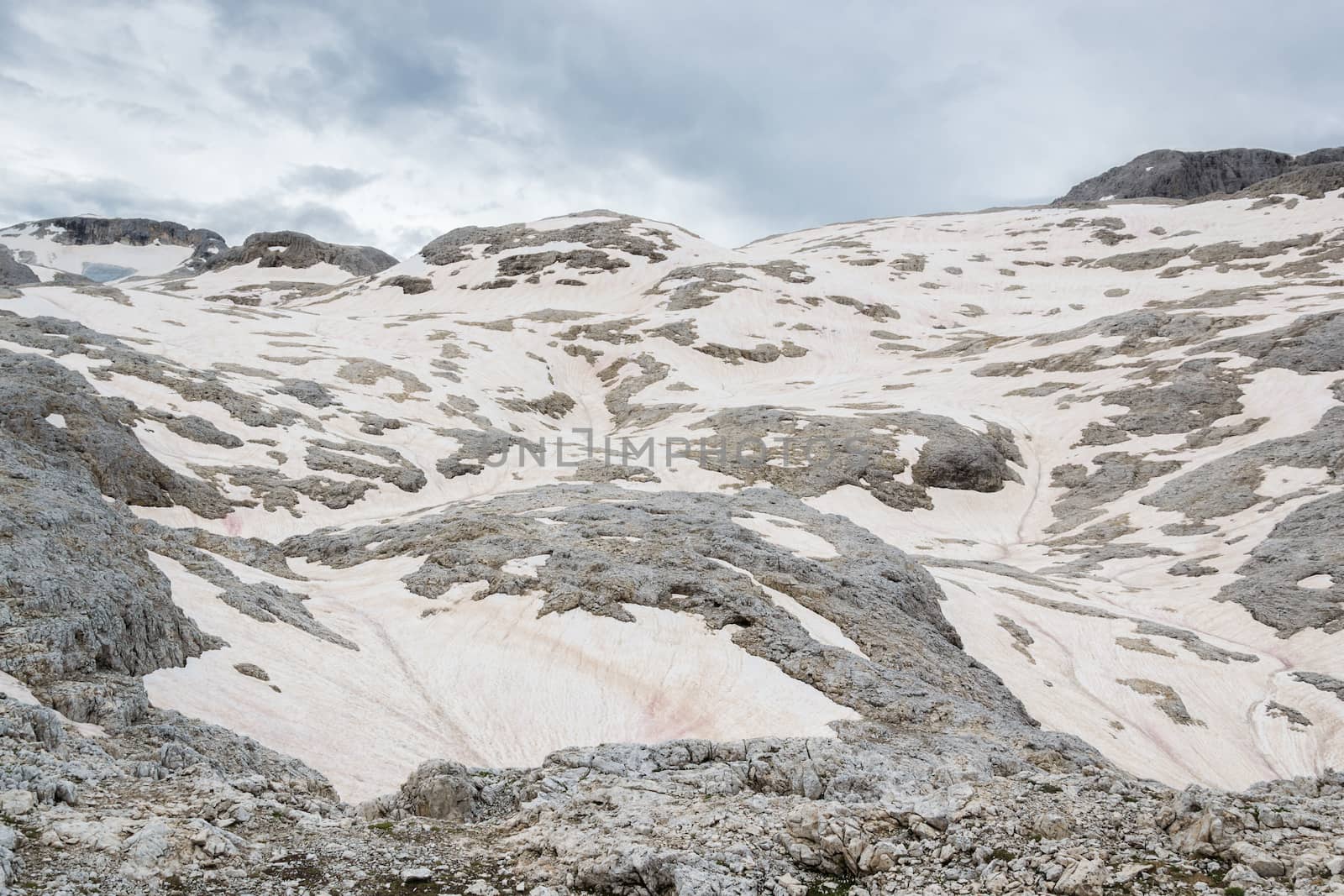 View of a snowfield in the Dolomites