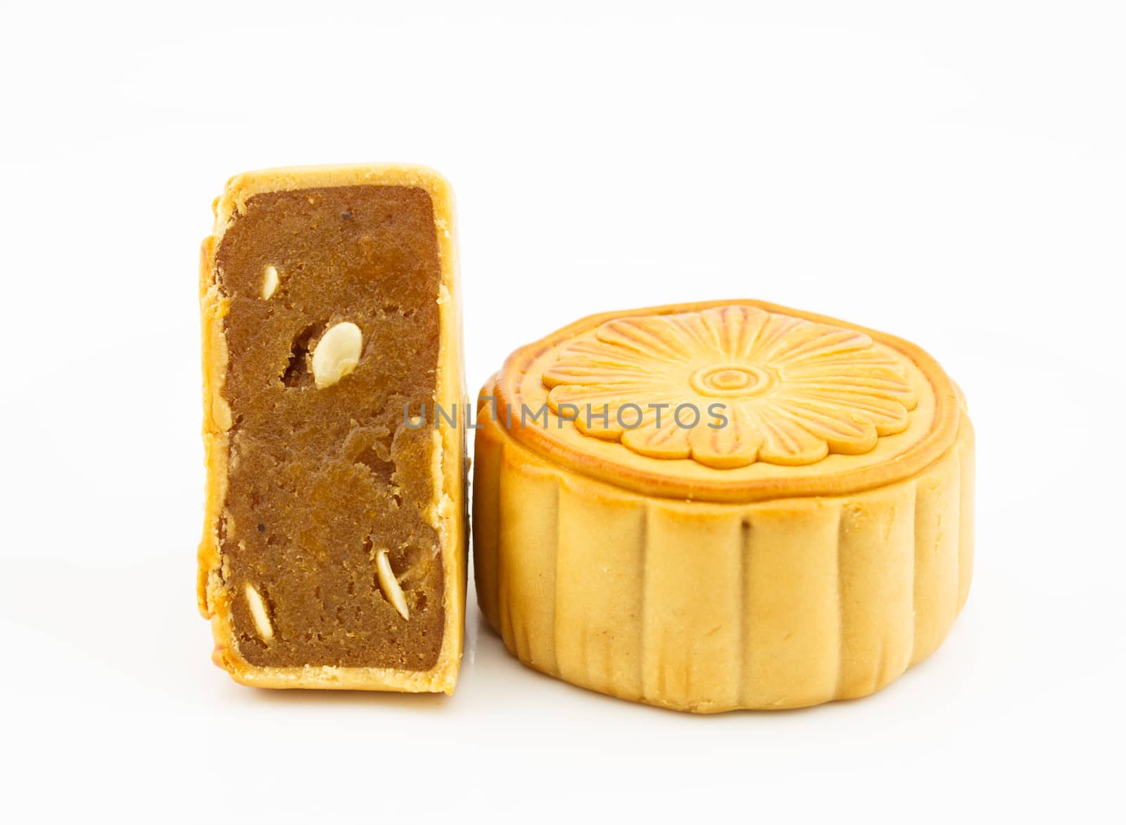 durian pulp with lotus seed  filled moon cake on white backgroun by vitawin