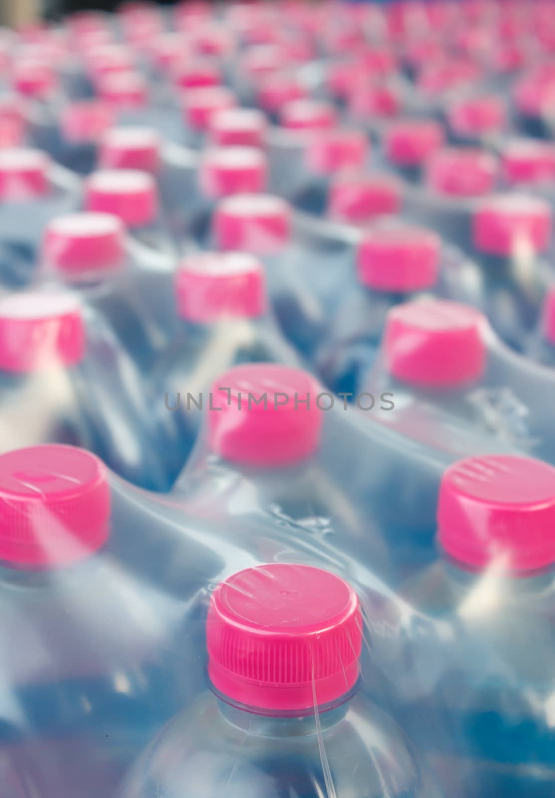 Rows of water bottles in plastic wrap