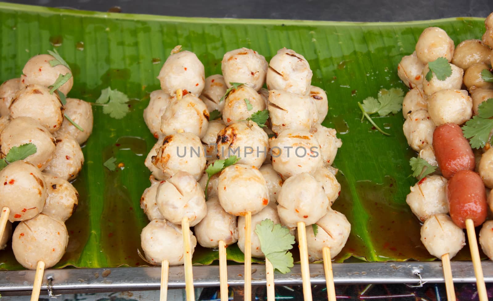 grilled pork ball with sweet spicy sauce (Thai street food )