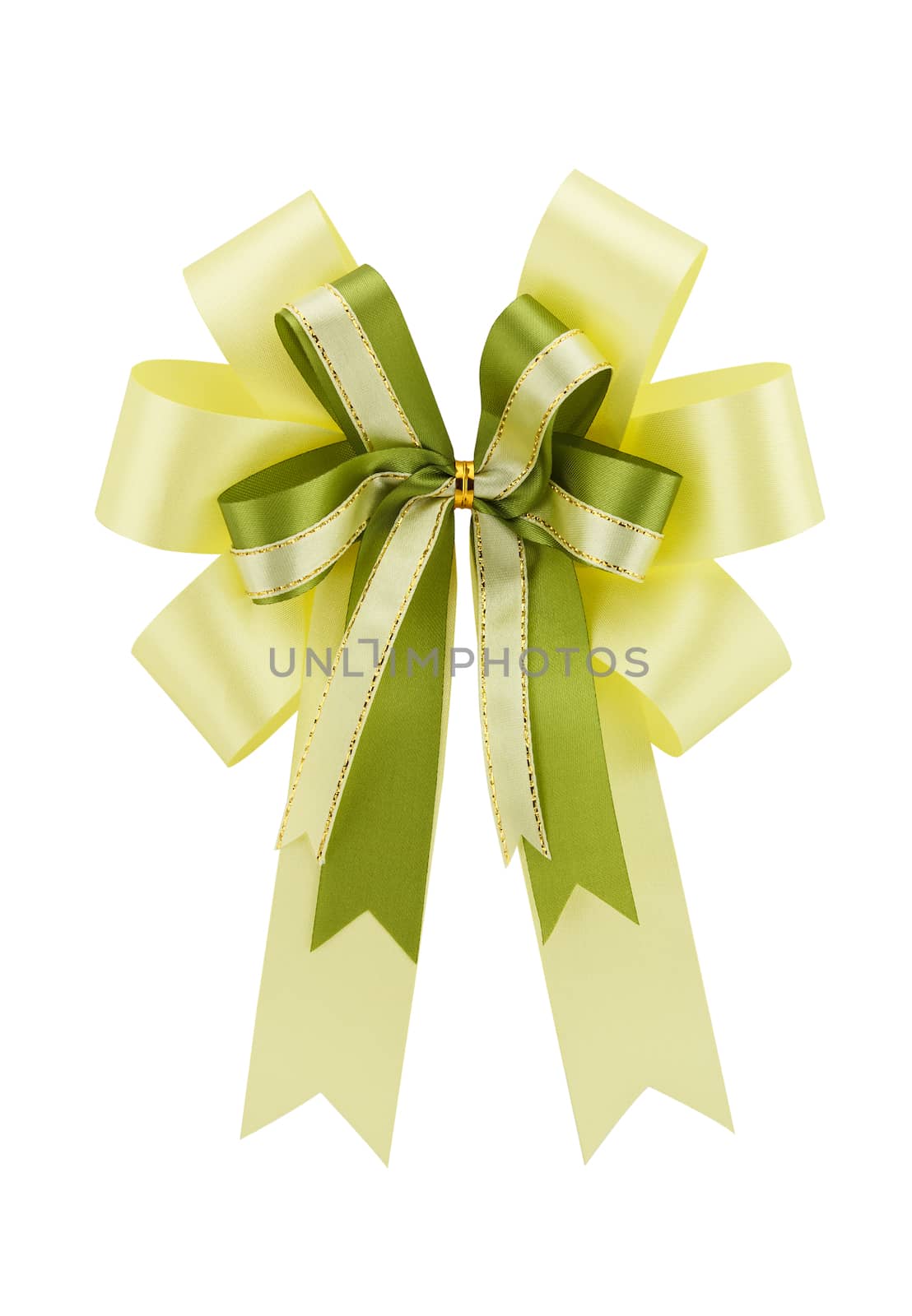 yellow and green ribbon gift bow isolated on white background